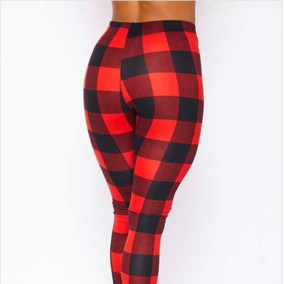 NEW FALL TRENDY RED BLACK PLAID FLANNEL THICK LEGGINGS - Picture 7 of 14